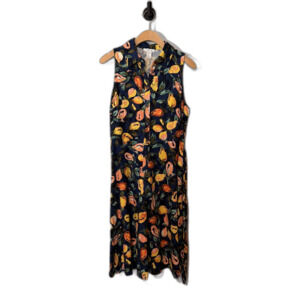 London Times Navy Blue Linen Blend Floral Midi Dress Women’s 12 Belted Button